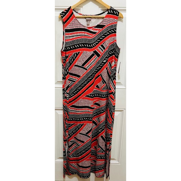 Chico's Women's Maxi Dress Size 3 Sleeveless City Graphics Daiquiri Red Black - Picture 1 of 3